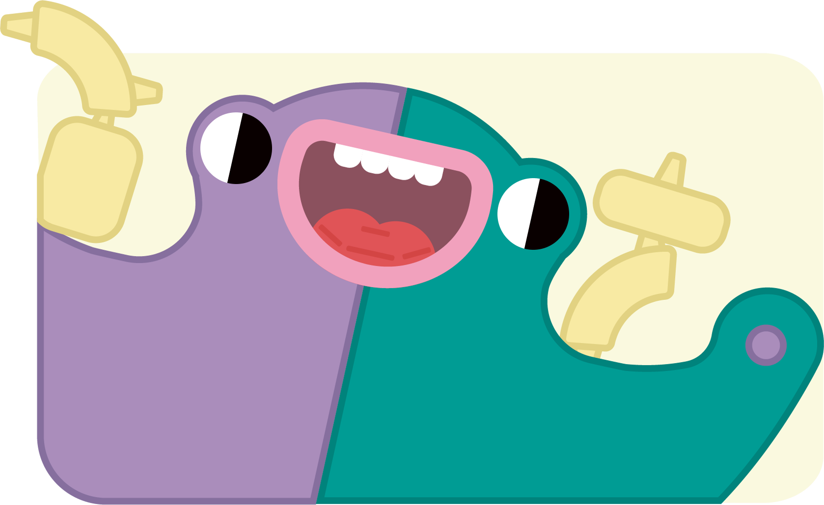 Ilustracja: Logostworek z otwartą buzią i klockami na obu ramionach